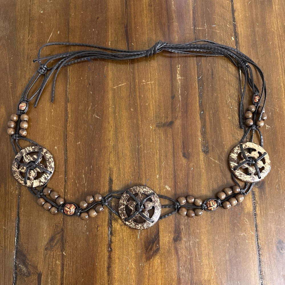 Boho Hip Hugger Brown Braided Beaded Wood and Coconut Shell Tie Belt Fringe